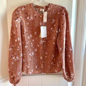 NWT Wilfred Aritzia Naomi 100% Silk Floral Blouse Warm Brown Women’s XXS Top